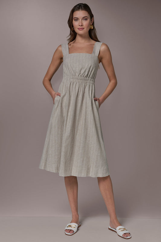 Donna Karan LINEN-BLEND PINSTRIPE CUTOUT MIDI DRESS