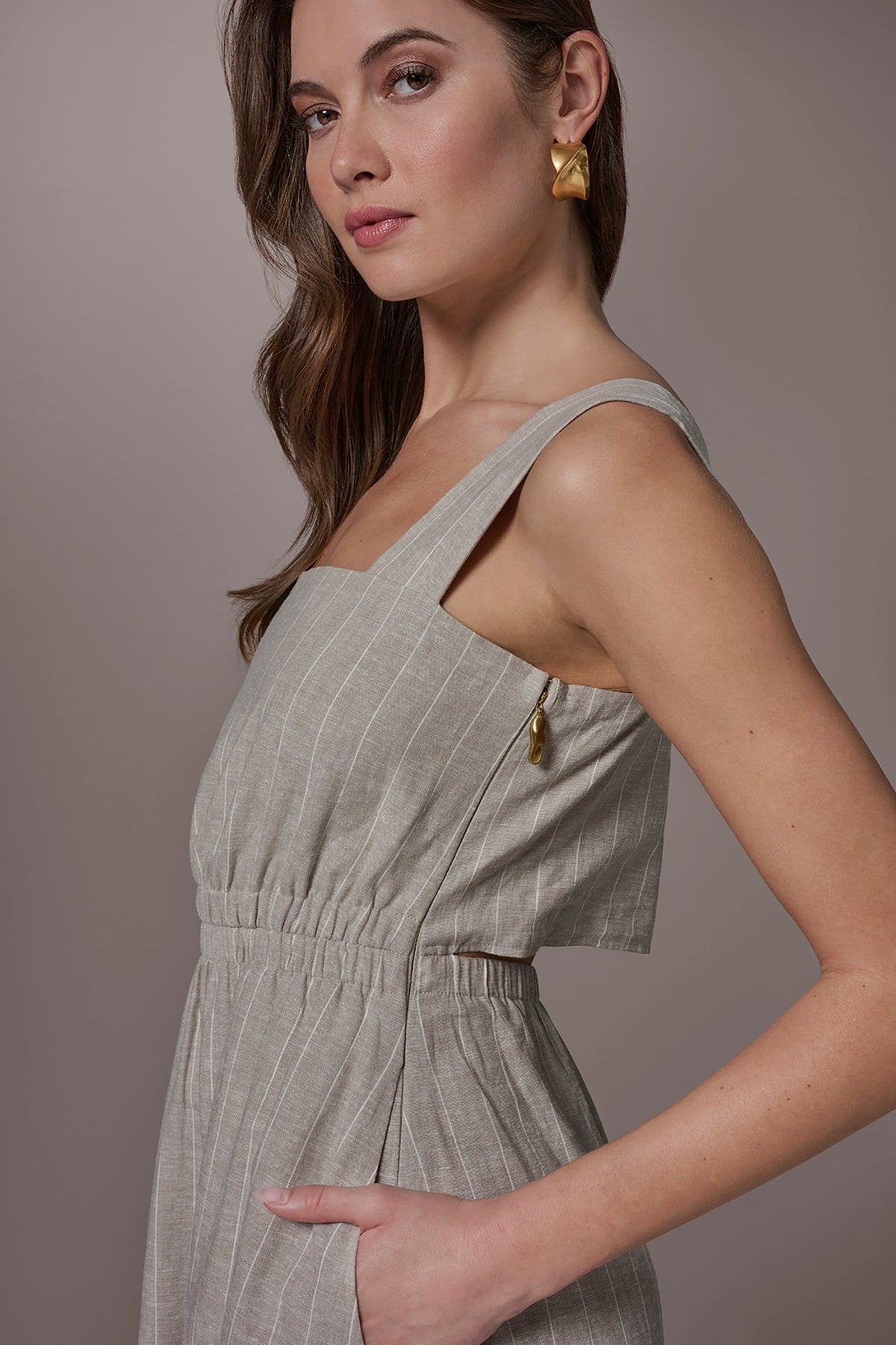 Donna Karan LINEN-BLEND PINSTRIPE CUTOUT MIDI DRESS