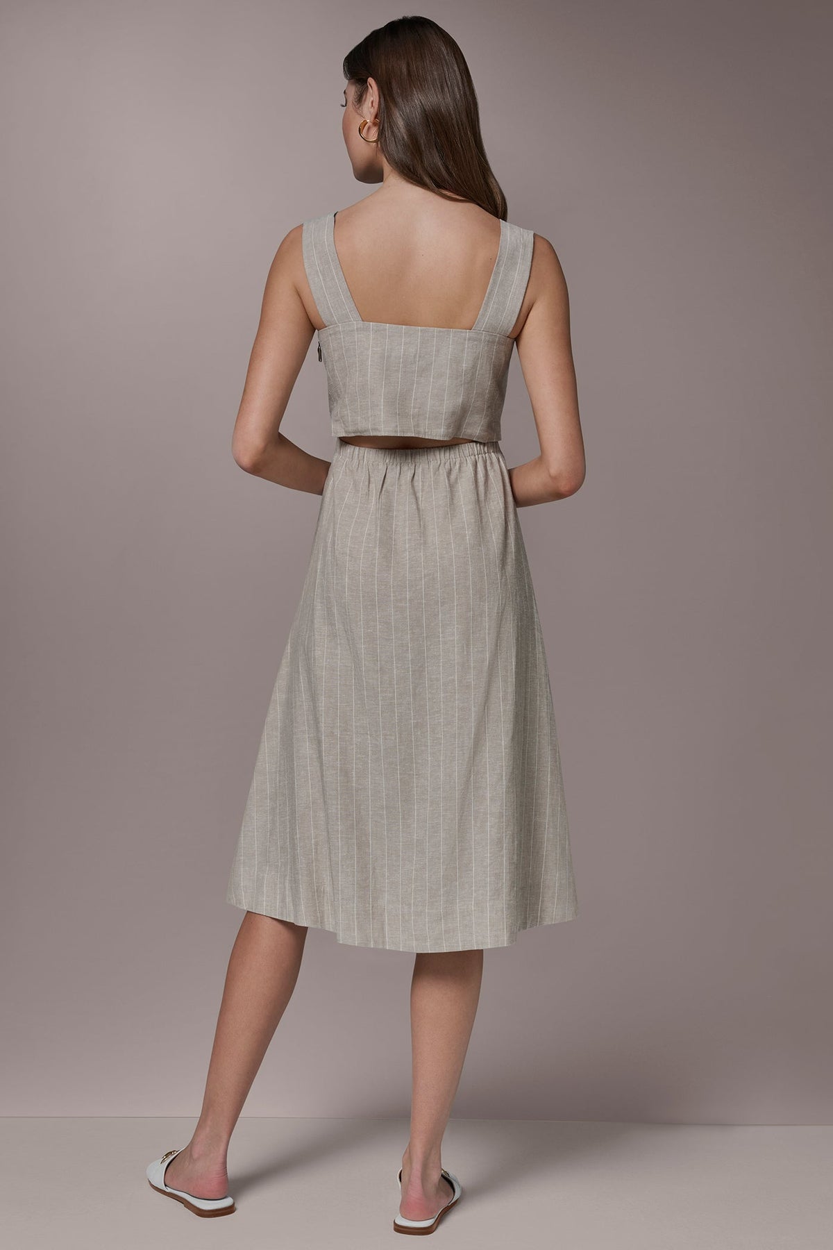 Donna Karan LINEN-BLEND PINSTRIPE CUTOUT MIDI DRESS