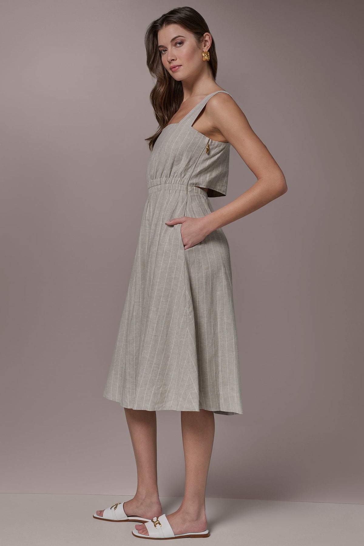 Donna Karan LINEN-BLEND PINSTRIPE CUTOUT MIDI DRESS