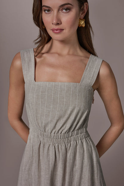 Donna Karan LINEN-BLEND PINSTRIPE CUTOUT MIDI DRESS