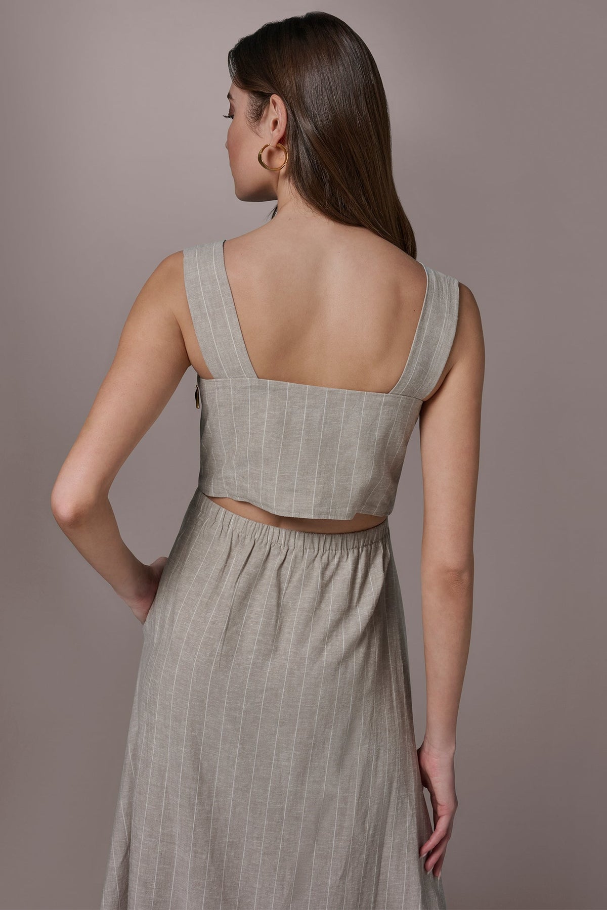 Donna Karan LINEN-BLEND PINSTRIPE CUTOUT MIDI DRESS