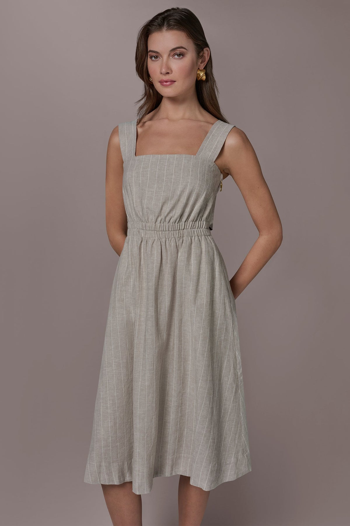 Donna Karan LINEN-BLEND PINSTRIPE CUTOUT MIDI DRESS