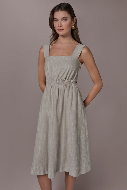 Donna Karan LINEN-BLEND PINSTRIPE CUTOUT MIDI DRESS