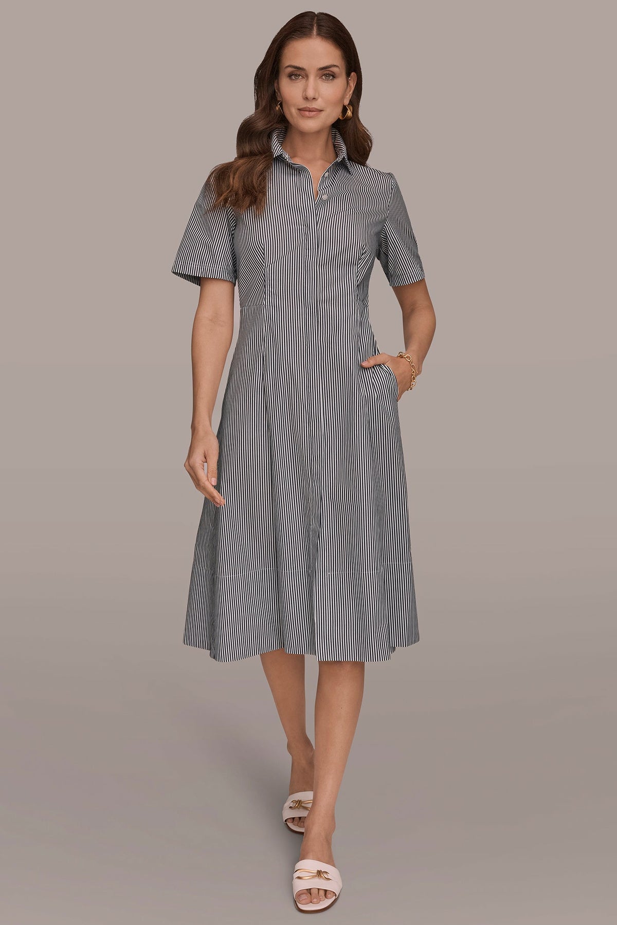 Donna Karan COTTON-POPLIN STRIPED MIDI SHIRT DRESS