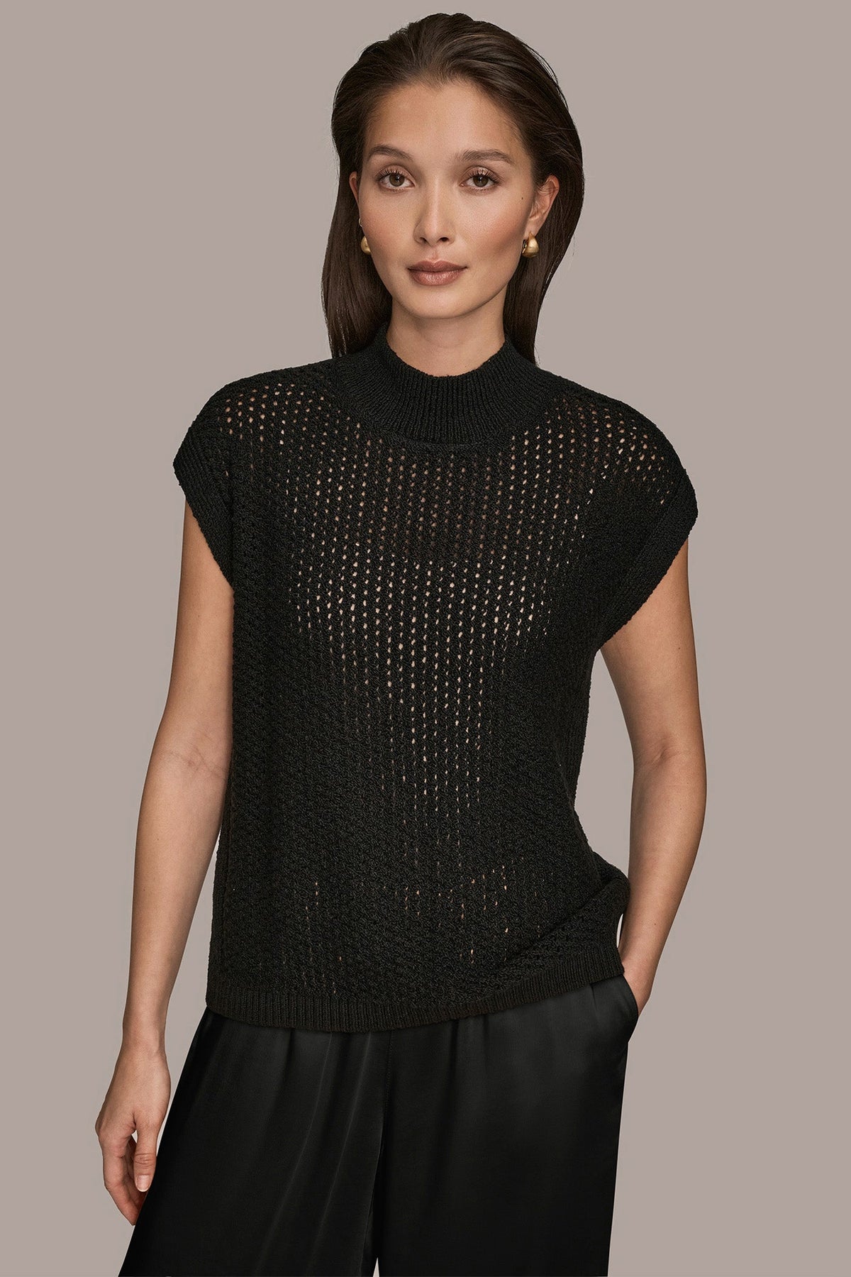 Donna Karan SLEEVELESS MOCK-NECK OPEN STITCH SWEATER