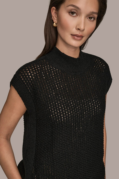 Donna Karan SLEEVELESS MOCK-NECK OPEN STITCH SWEATER