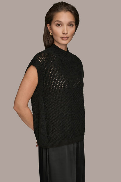 Donna Karan SLEEVELESS MOCK-NECK OPEN STITCH SWEATER