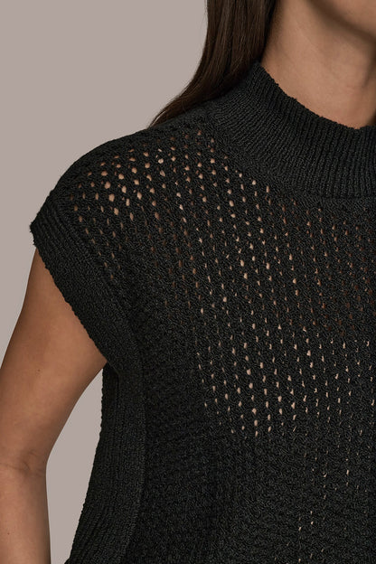 Donna Karan SLEEVELESS MOCK-NECK OPEN STITCH SWEATER