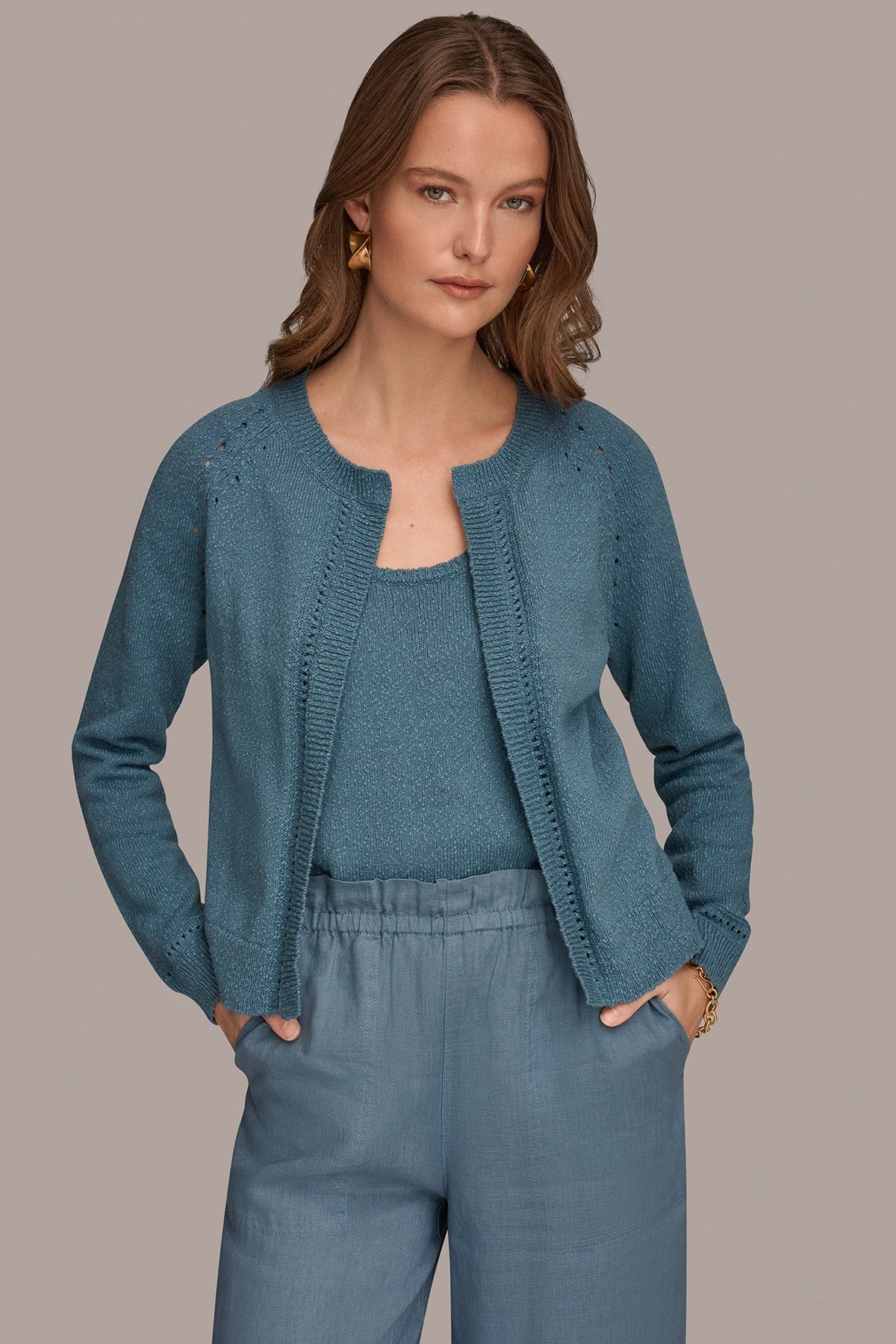 Donna Karan POINTELLE TRIM CARDIGAN