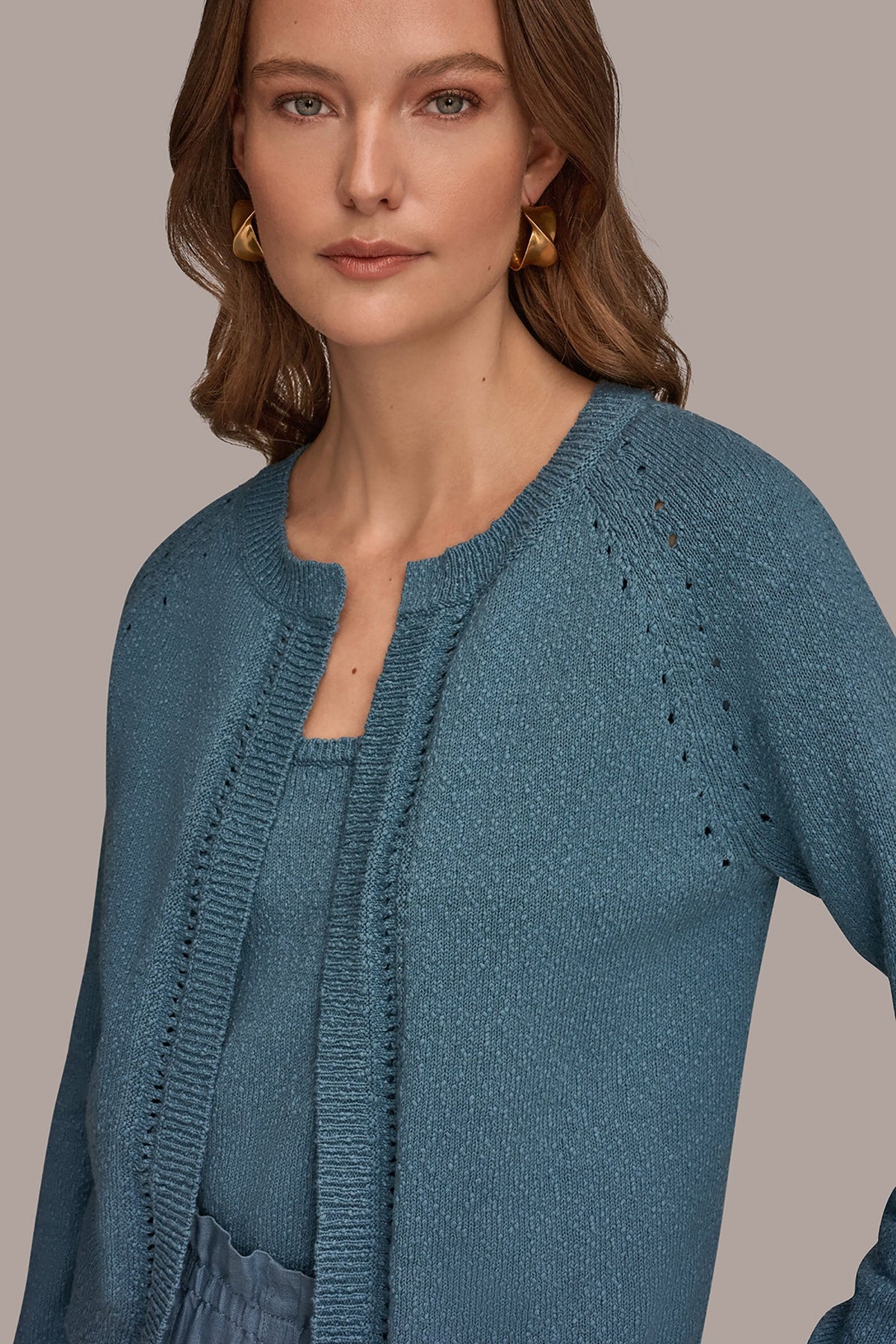 Donna Karan POINTELLE TRIM CARDIGAN