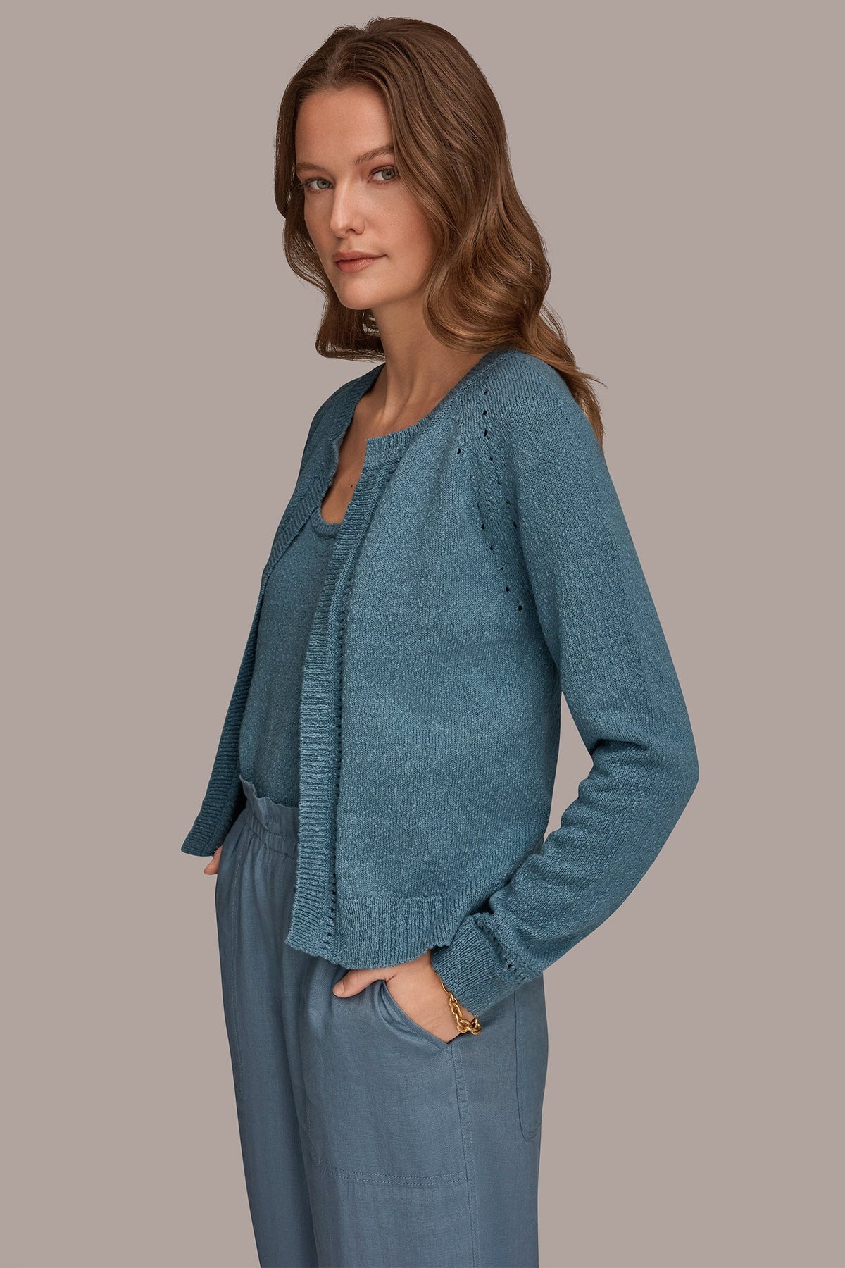 Donna Karan POINTELLE TRIM CARDIGAN