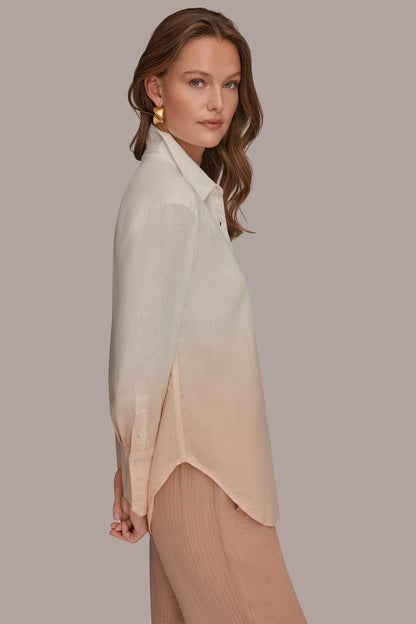 Donna Karan LINEN-BLEND DIP-DYED STRIPED SHIRT