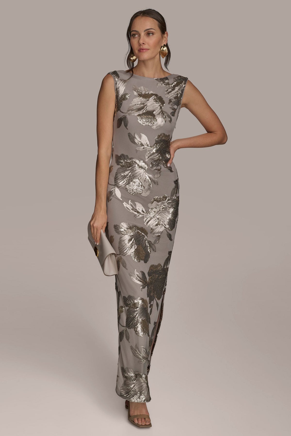 Donna Karan SLEEVELESS FLORAL SEQUIN COWL-BACK GOWN