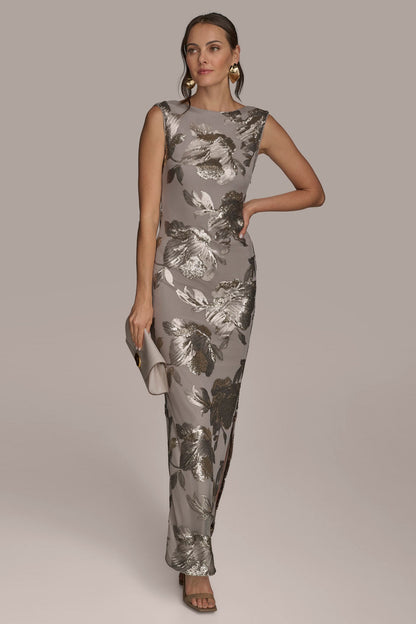 Donna Karan SLEEVELESS FLORAL SEQUIN COWL-BACK GOWN