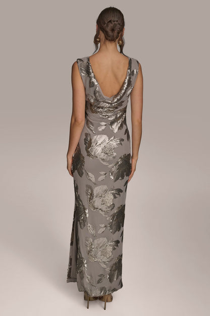 Donna Karan SLEEVELESS FLORAL SEQUIN COWL-BACK GOWN