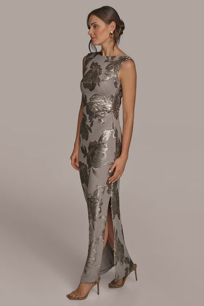 Donna Karan SLEEVELESS FLORAL SEQUIN COWL-BACK GOWN