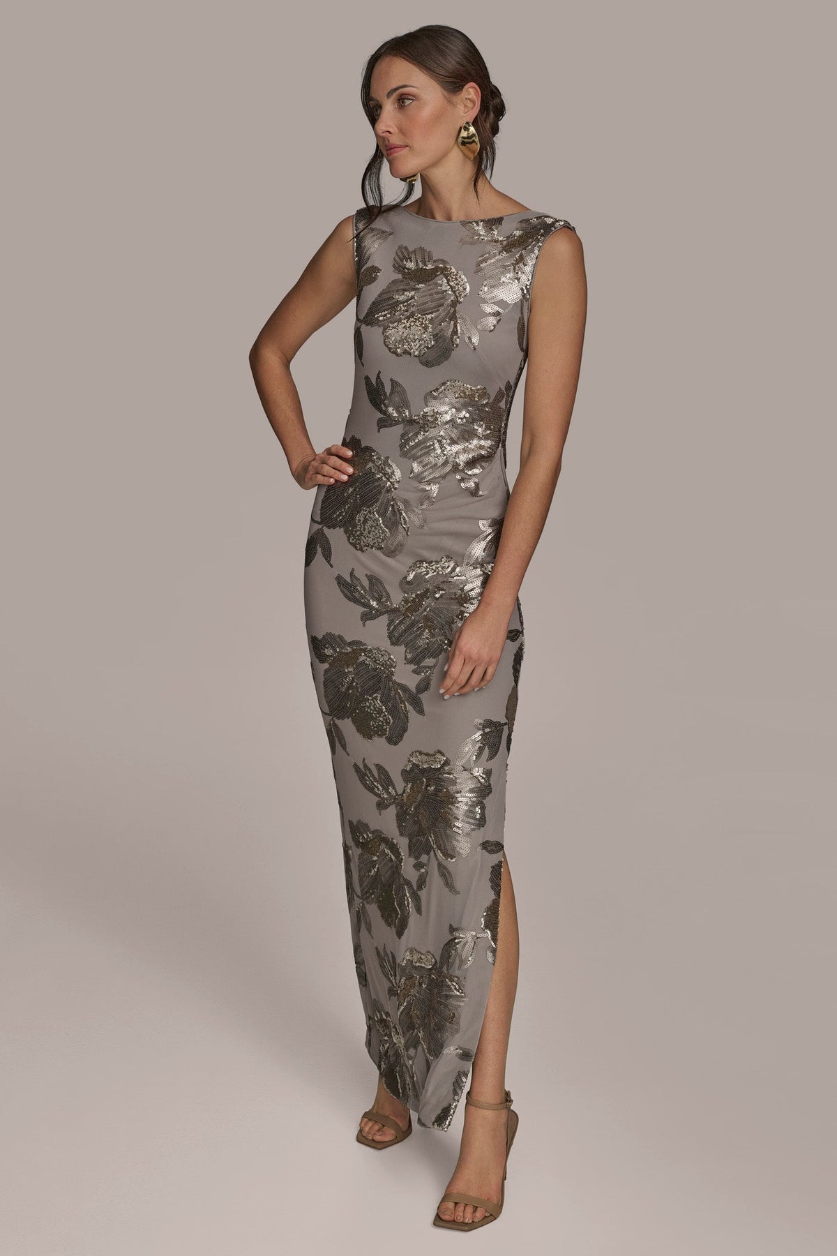 Donna Karan SLEEVELESS FLORAL SEQUIN COWL-BACK GOWN