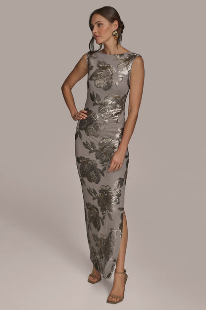 Donna Karan SLEEVELESS FLORAL SEQUIN COWL-BACK GOWN