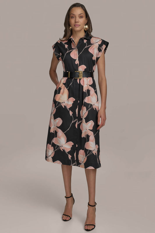 Donna Karan SATEEN CAP SLEEVE PRINTED SHIRT DRESS