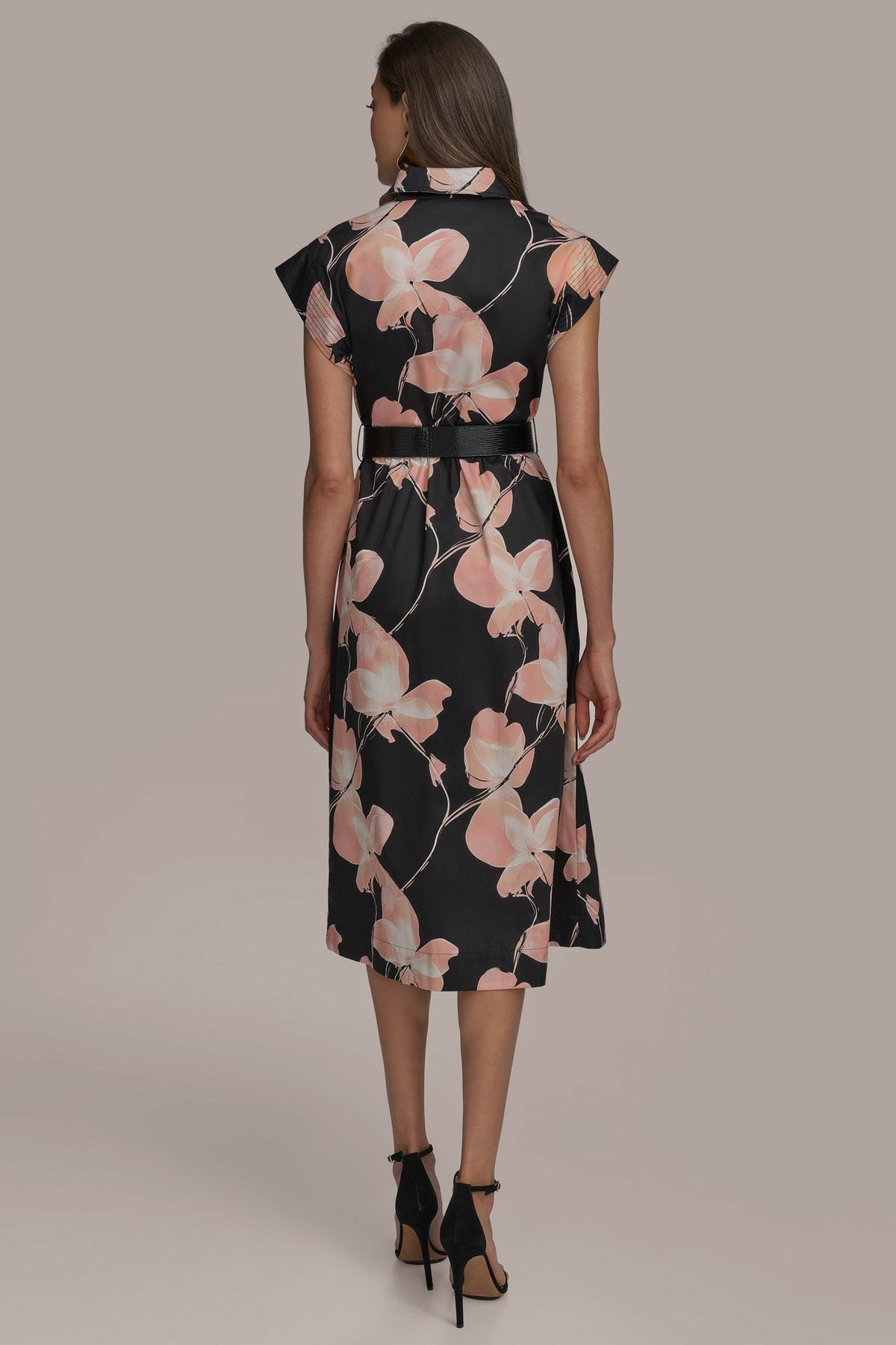 Donna Karan SATEEN CAP SLEEVE PRINTED SHIRT DRESS