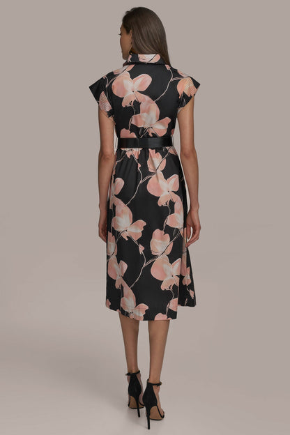 Donna Karan SATEEN CAP SLEEVE PRINTED SHIRT DRESS