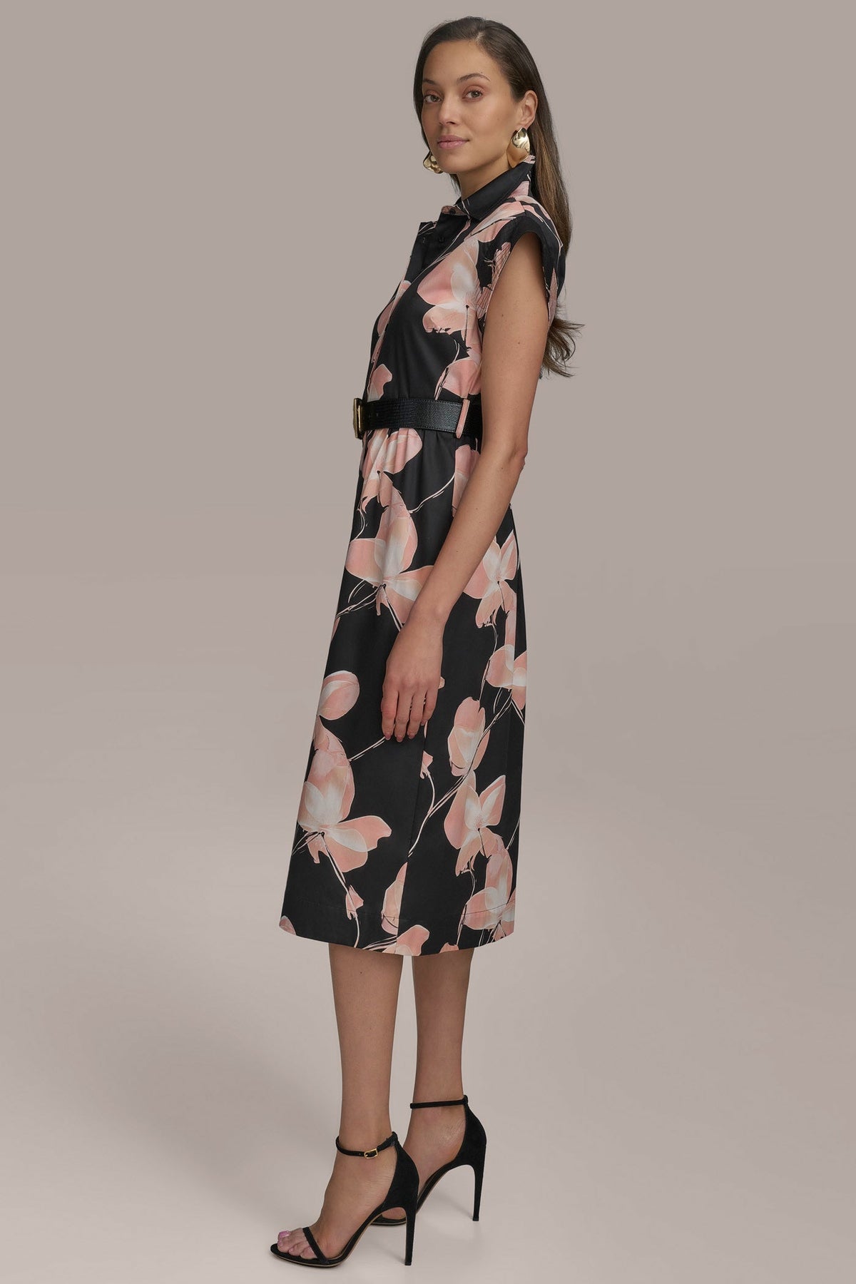 Donna Karan SATEEN CAP SLEEVE PRINTED SHIRT DRESS