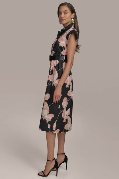 Donna Karan SATEEN CAP SLEEVE PRINTED SHIRT DRESS