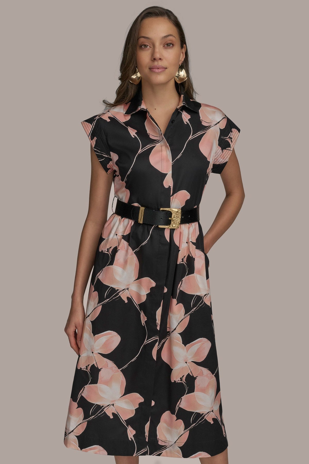 Donna Karan SATEEN CAP SLEEVE PRINTED SHIRT DRESS