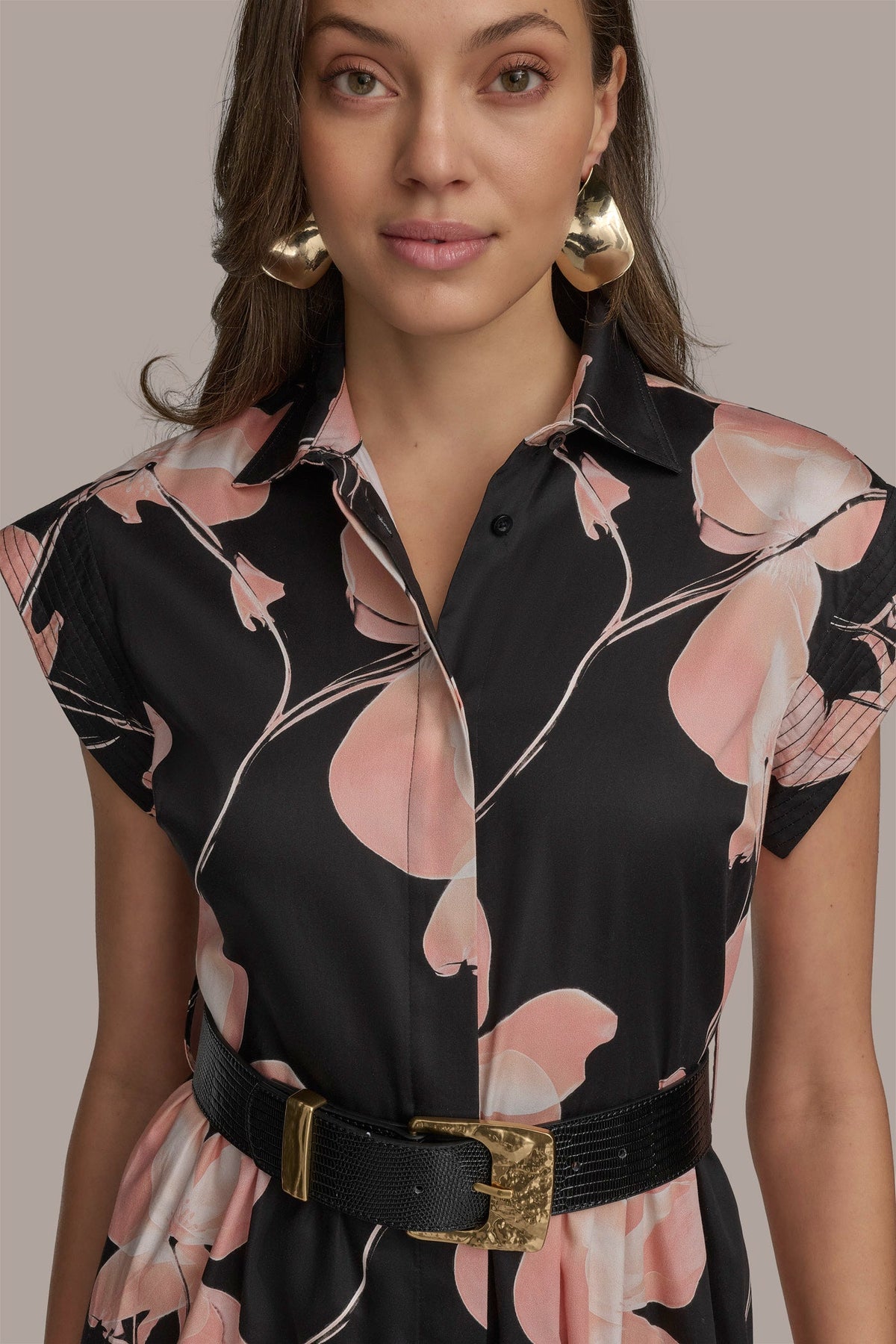 Donna Karan SATEEN CAP SLEEVE PRINTED SHIRT DRESS