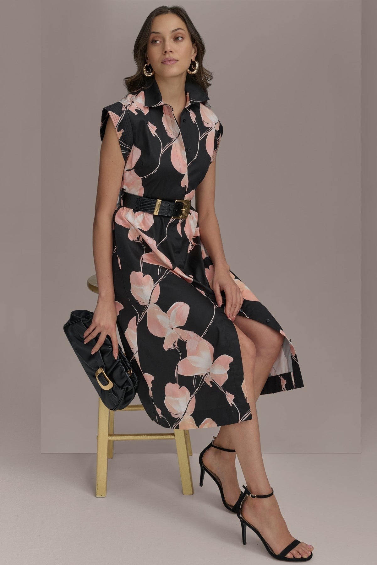 Donna Karan SATEEN CAP SLEEVE PRINTED SHIRT DRESS