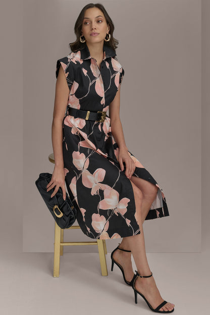 Donna Karan SATEEN CAP SLEEVE PRINTED SHIRT DRESS
