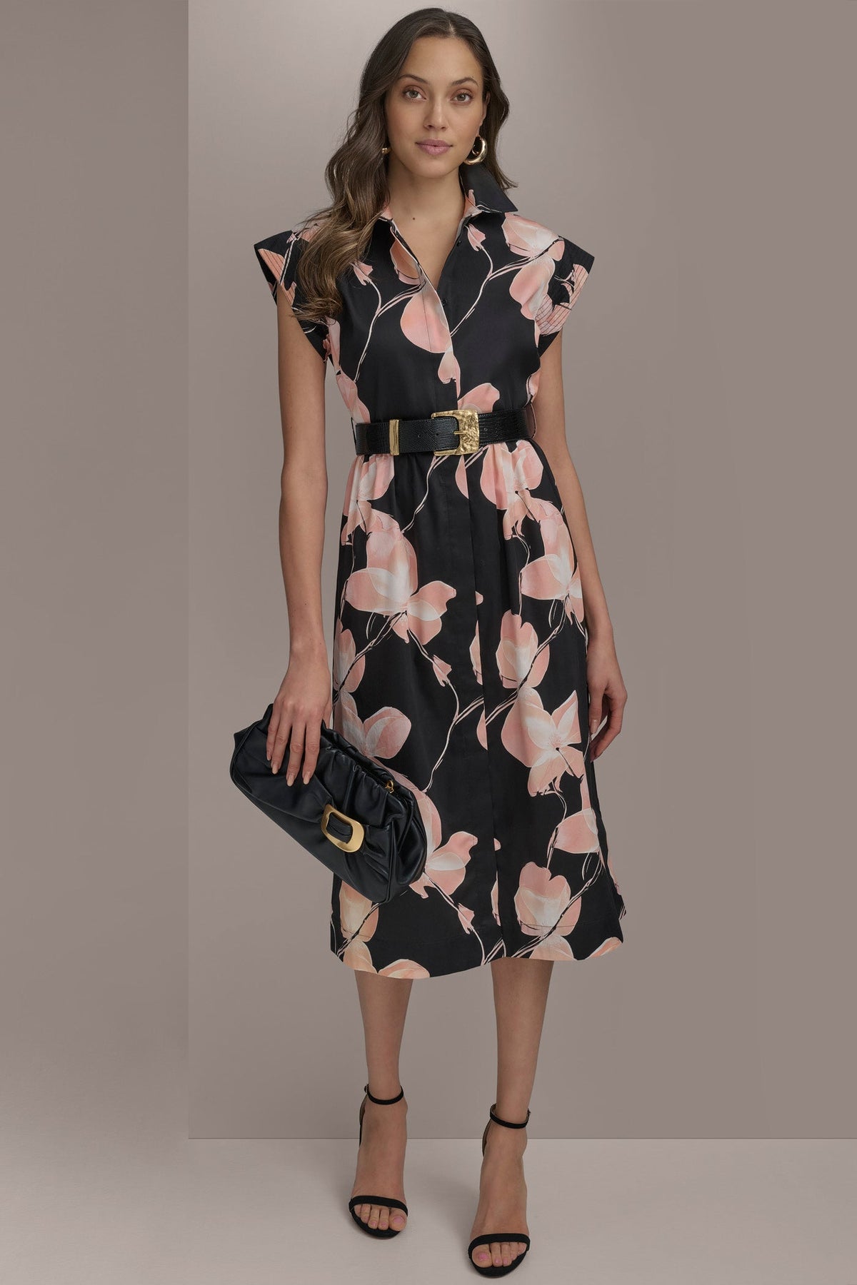 Donna Karan SATEEN CAP SLEEVE PRINTED SHIRT DRESS