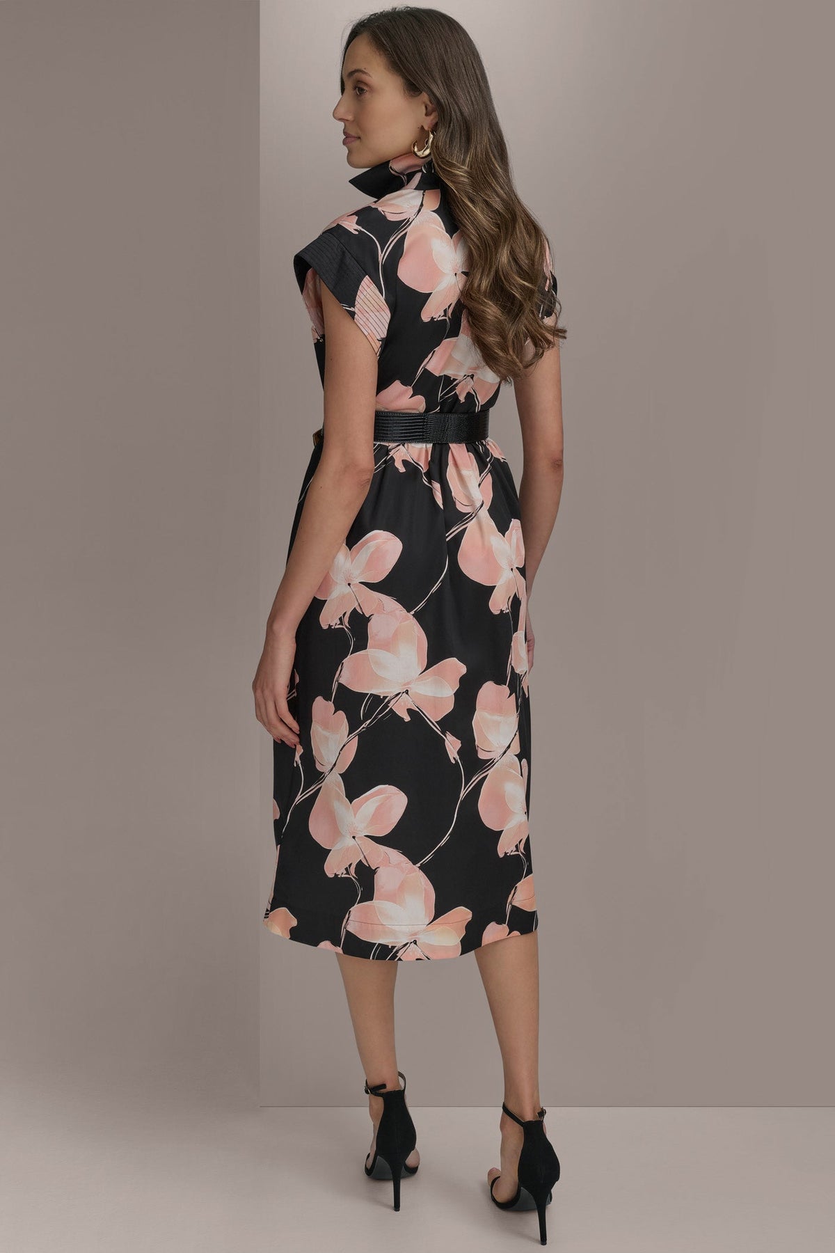 Donna Karan SATEEN CAP SLEEVE PRINTED SHIRT DRESS