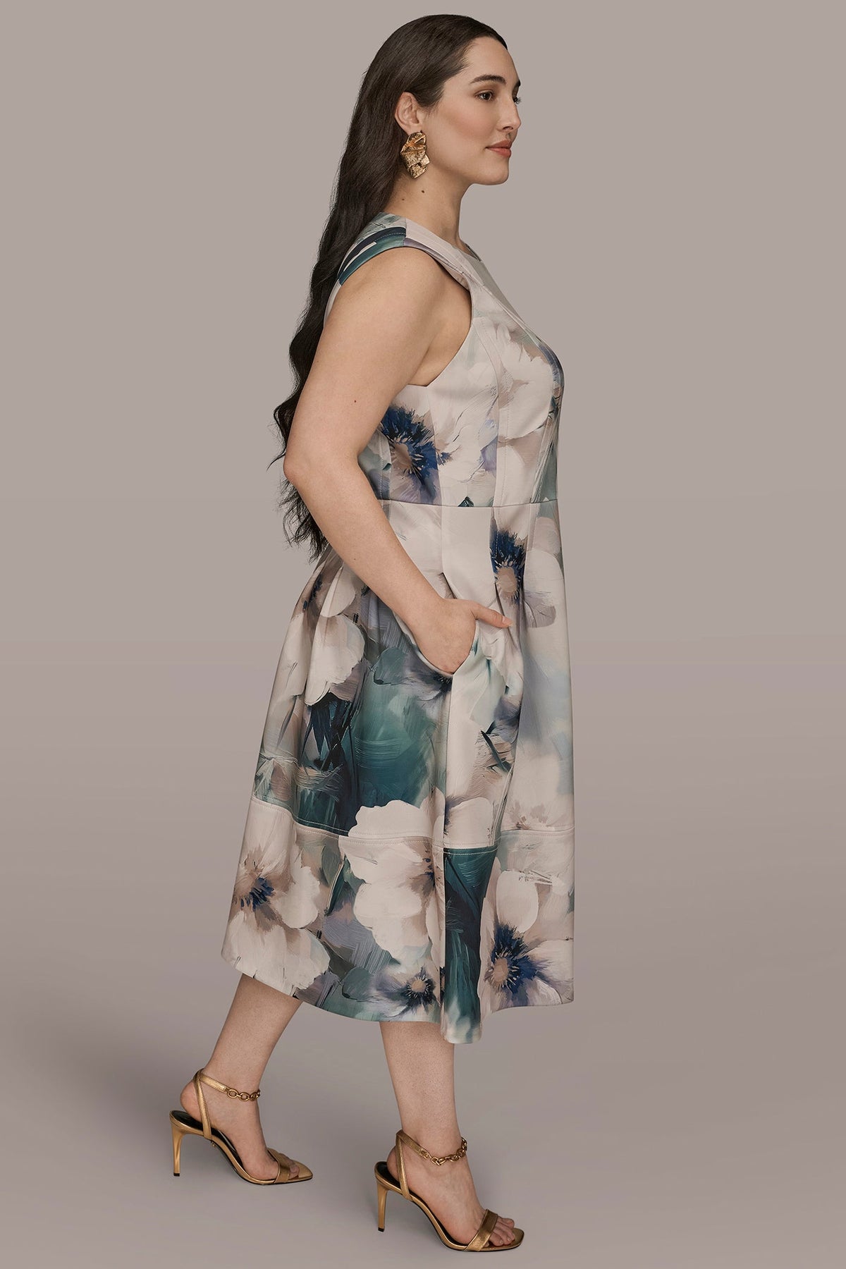 Donna Karan FLORAL SLEEVELESS MIDI DRESS
