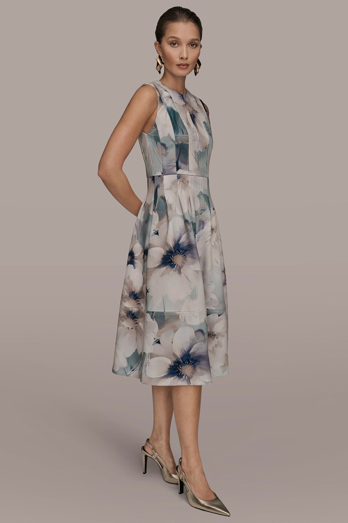 Donna Karan FLORAL SLEEVELESS MIDI DRESS