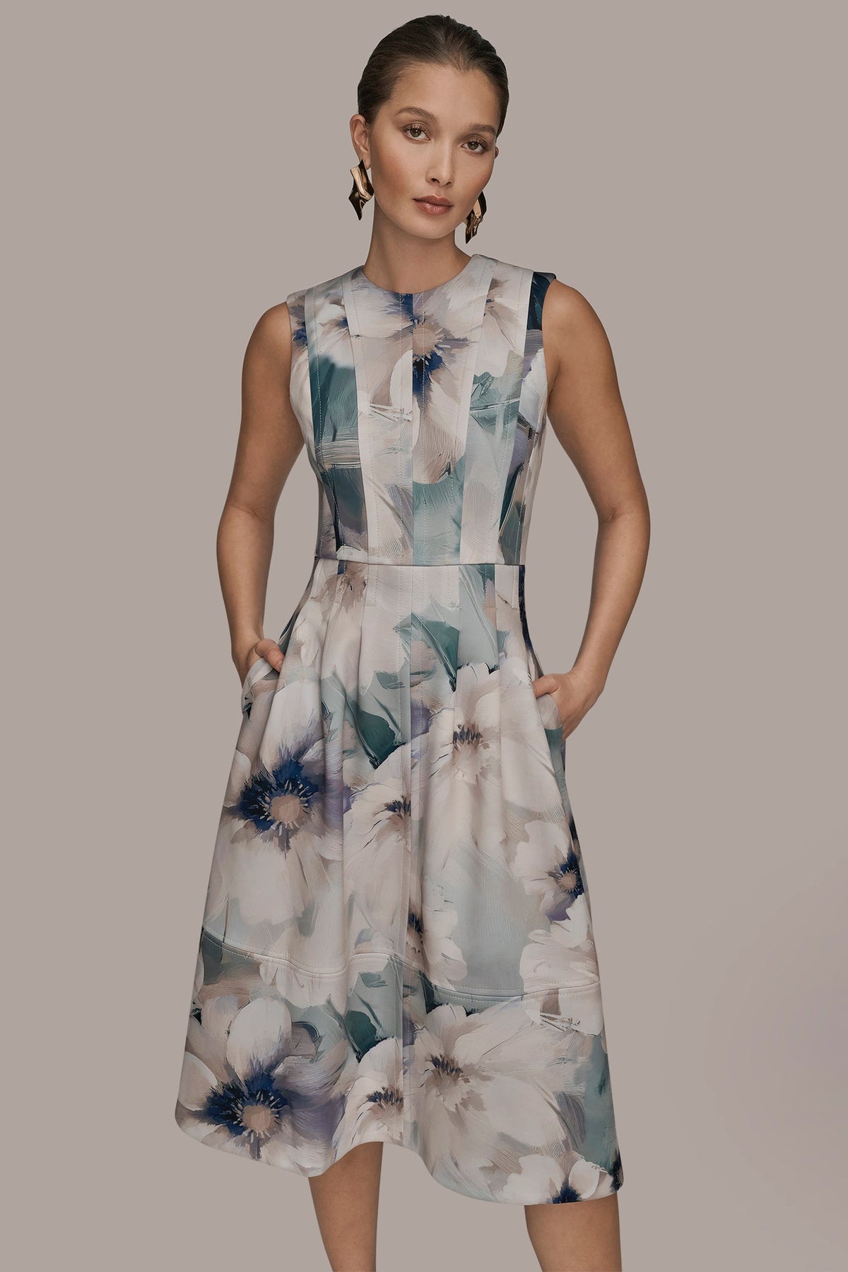 Donna Karan FLORAL SLEEVELESS MIDI DRESS