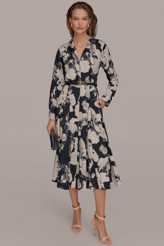 Donna Karan PRINTED LONG-SLEEVE BUTTON-FRONT DRESS