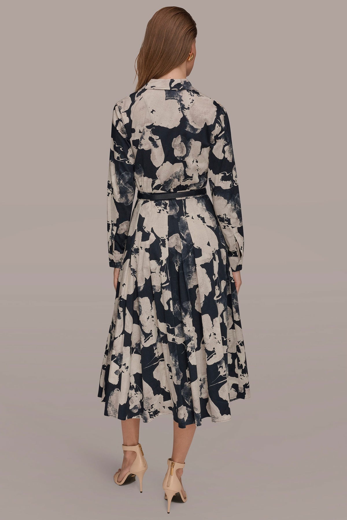 Donna Karan PRINTED LONG-SLEEVE BUTTON-FRONT DRESS