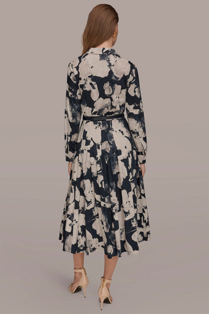 Donna Karan PRINTED LONG-SLEEVE BUTTON-FRONT DRESS