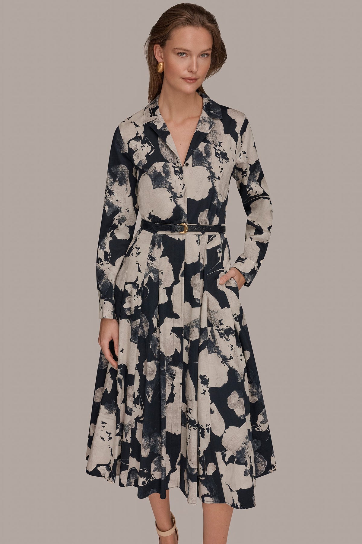 Donna Karan PRINTED LONG-SLEEVE BUTTON-FRONT DRESS