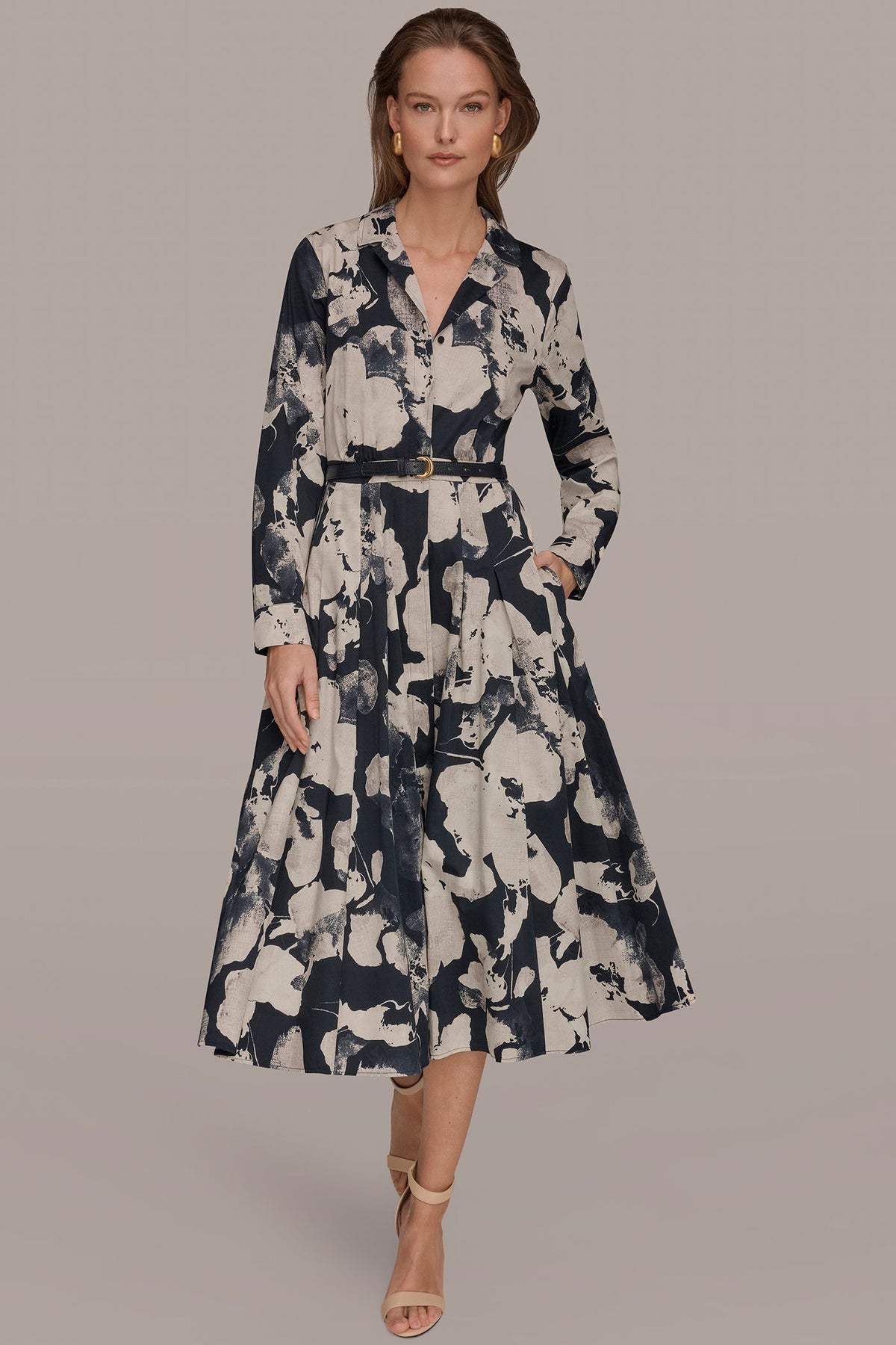 Donna Karan PRINTED LONG-SLEEVE BUTTON-FRONT DRESS