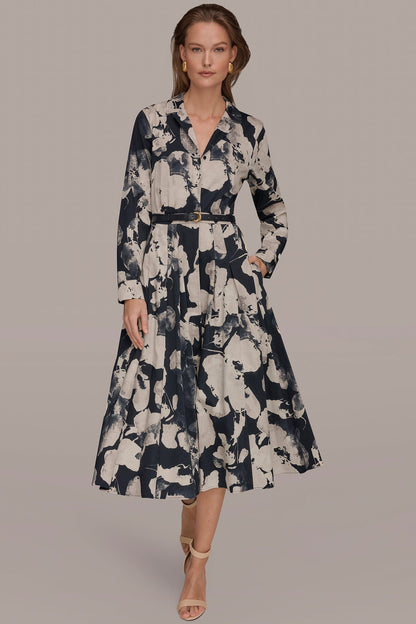 Donna Karan PRINTED LONG-SLEEVE BUTTON-FRONT DRESS