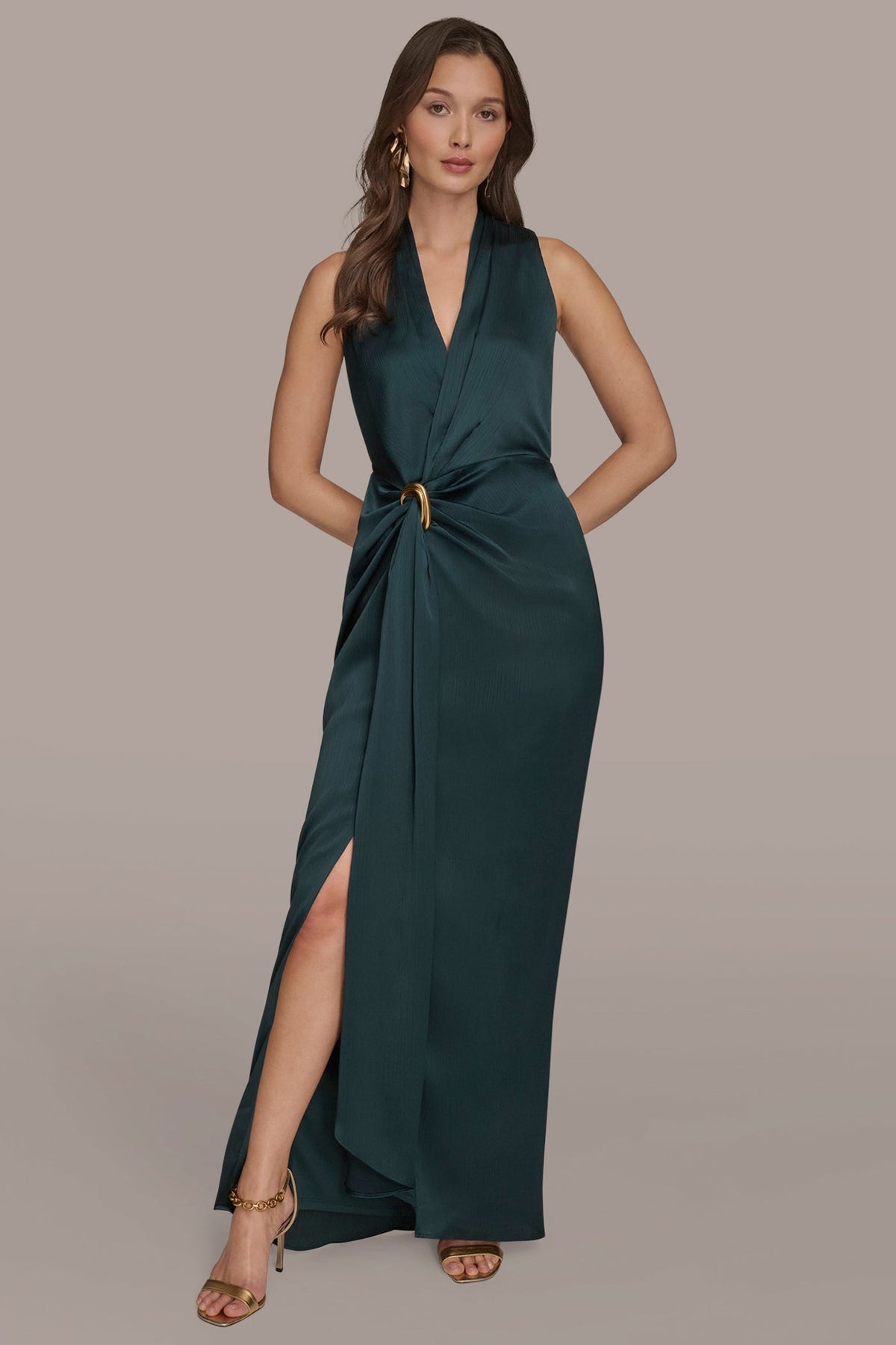 Donna Karan CRINKLE SATIN SLEEVELESS MAXI WRAP DRESS