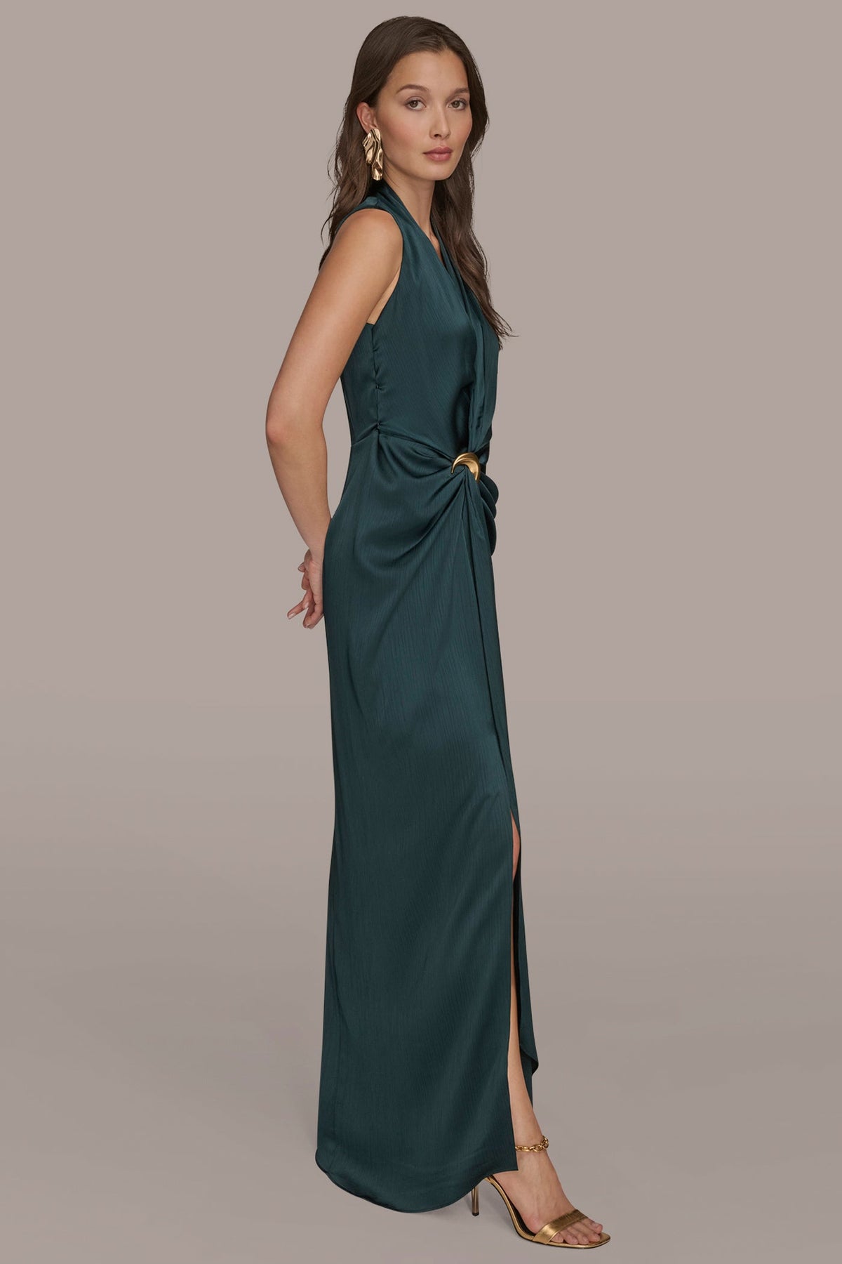 Donna Karan CRINKLE SATIN SLEEVELESS MAXI WRAP DRESS