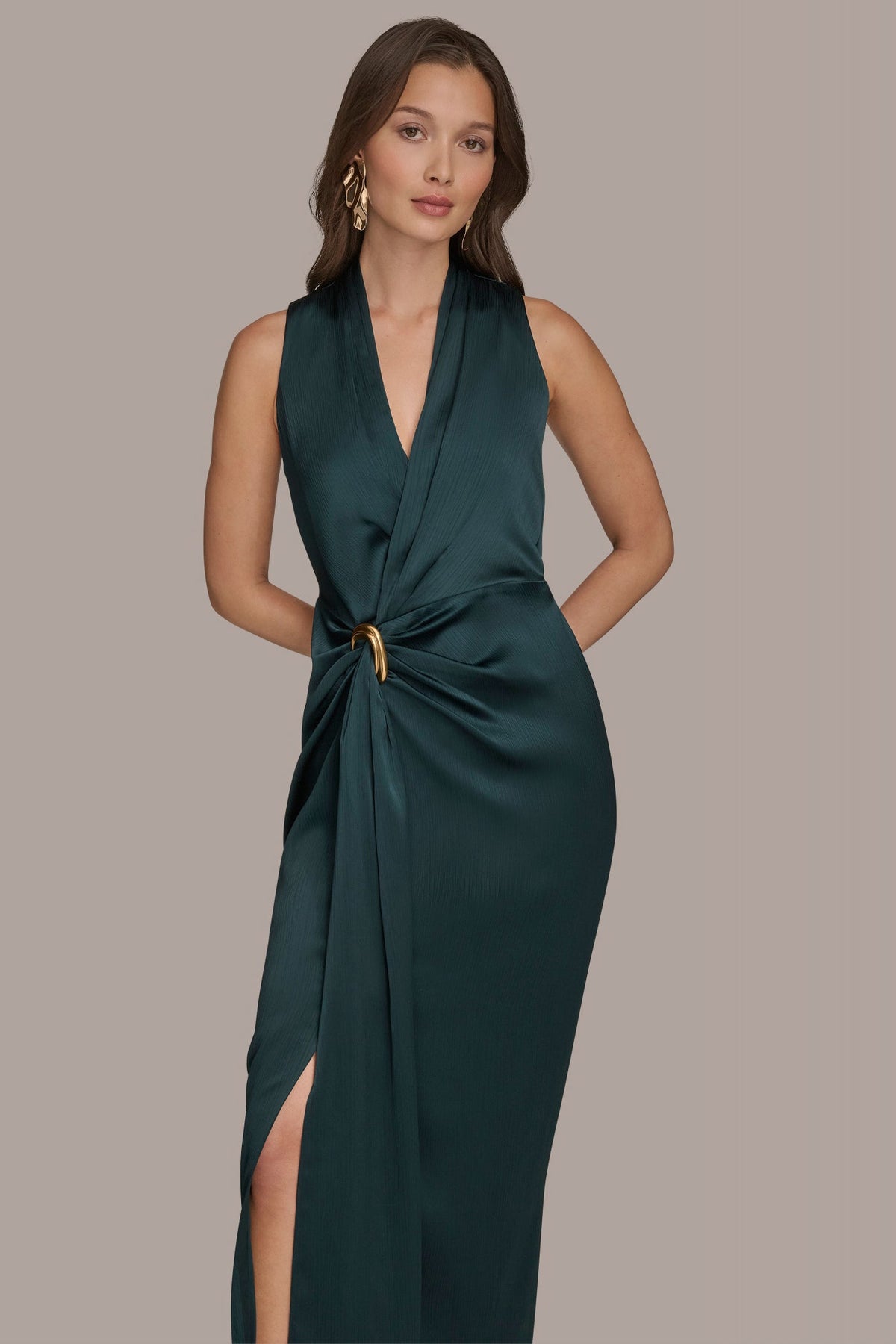 Donna Karan CRINKLE SATIN SLEEVELESS MAXI WRAP DRESS