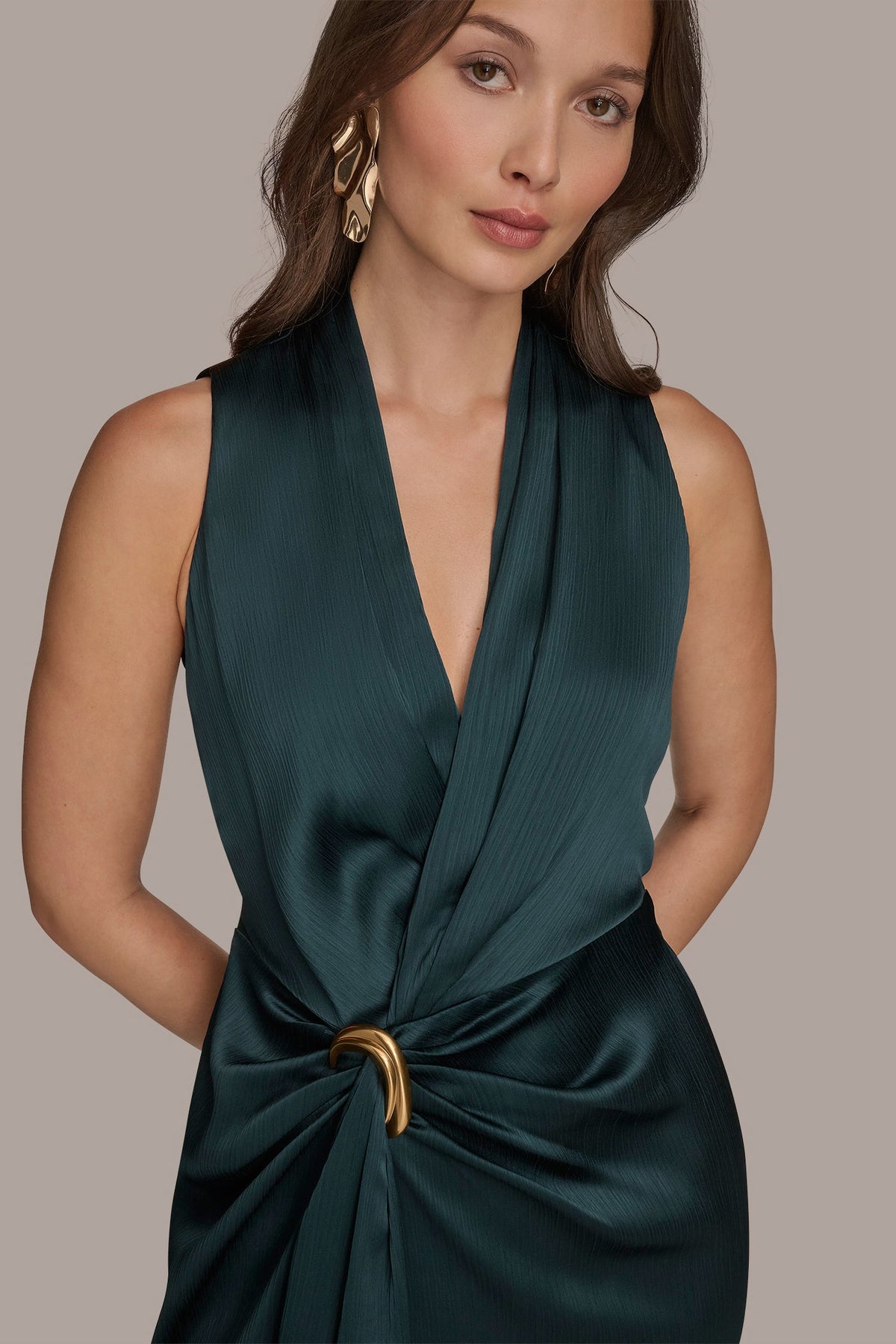 Donna Karan CRINKLE SATIN SLEEVELESS MAXI WRAP DRESS