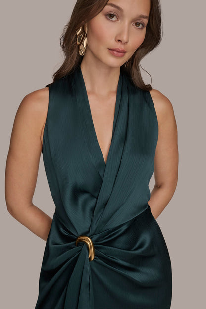 Donna Karan CRINKLE SATIN SLEEVELESS MAXI WRAP DRESS