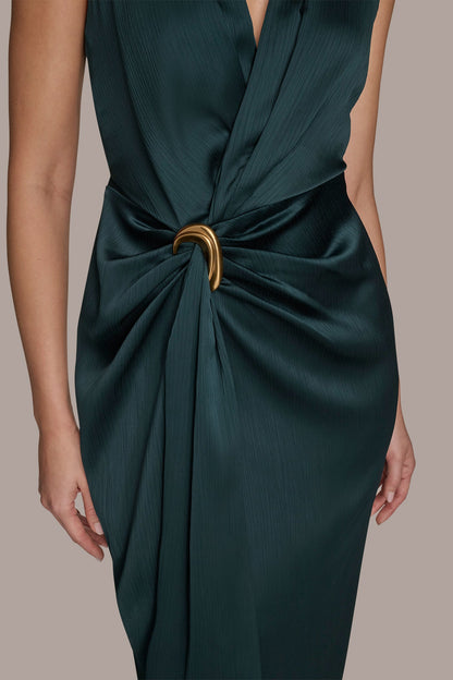 Donna Karan CRINKLE SATIN SLEEVELESS MAXI WRAP DRESS