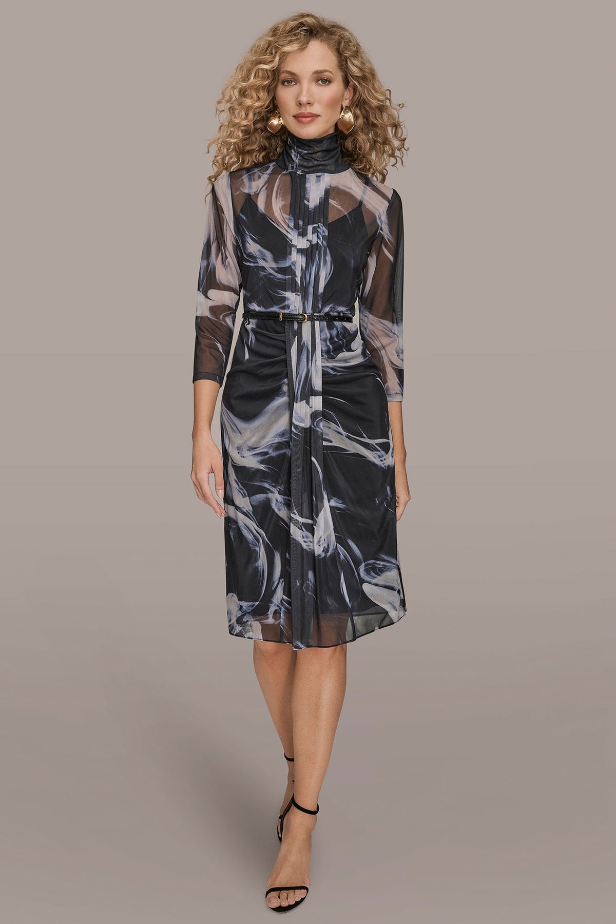 Donna Karan BELTED DRAPED PRINTED DRESS